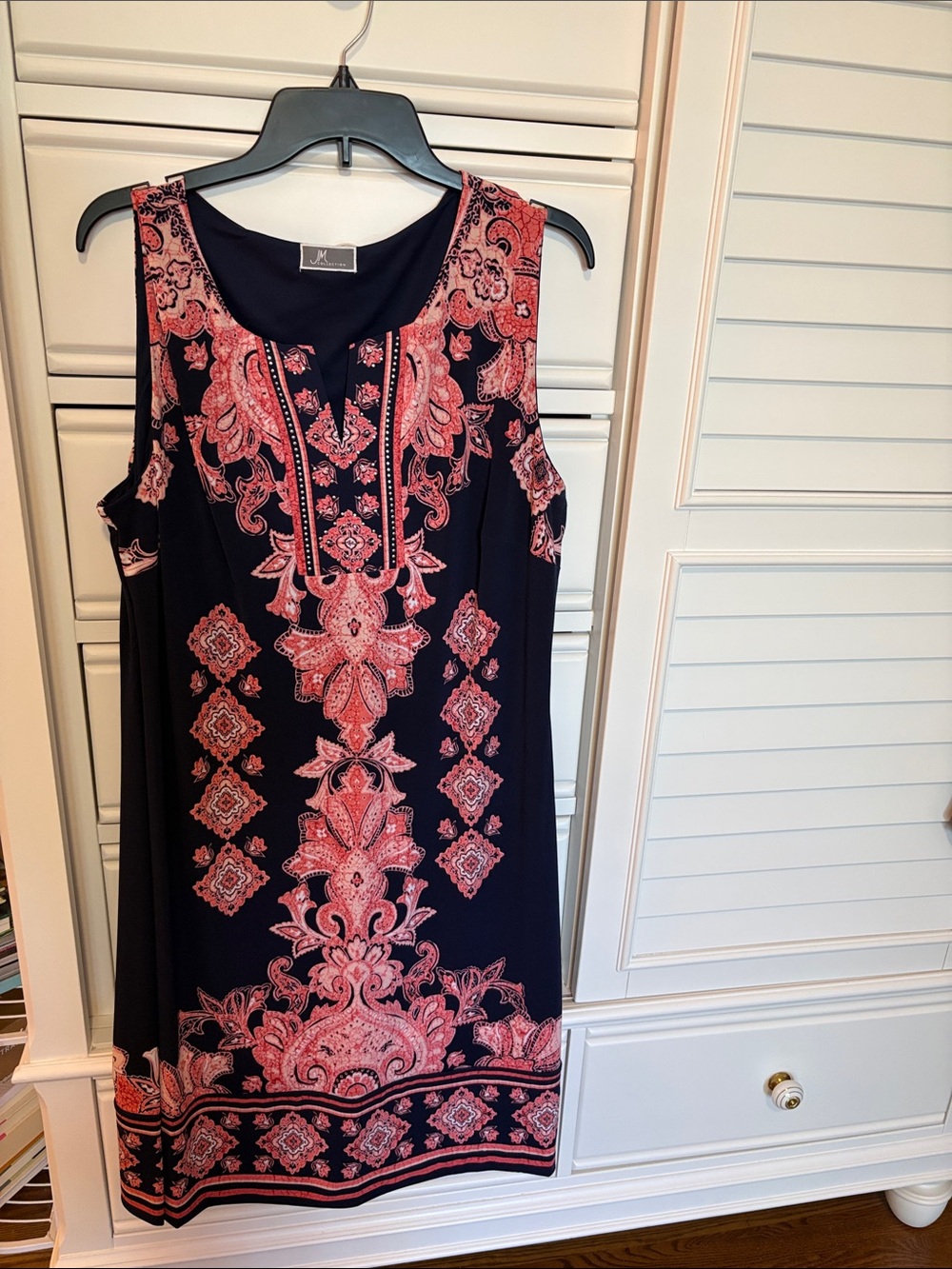 JM Collection Navy Midi Dress with Coral Pink Paisley Print